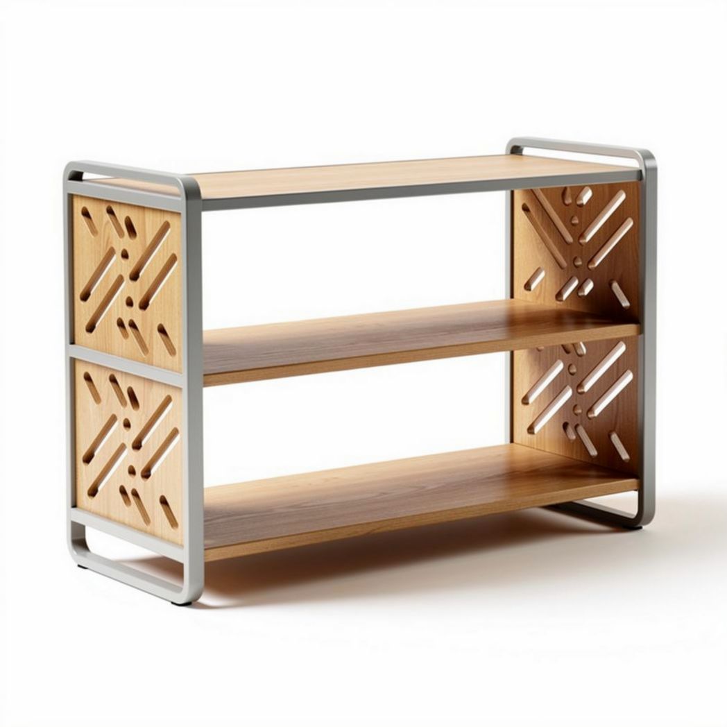 Stolik z półkami w kolorze naturalnego drewna i metalu 90 x 40 x 75cm