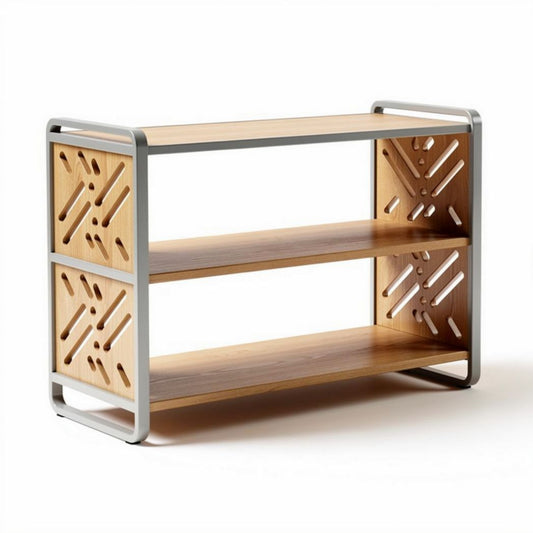 Stolik z półkami w kolorze naturalnego drewna i metalu 90 x 40 x 75cm
