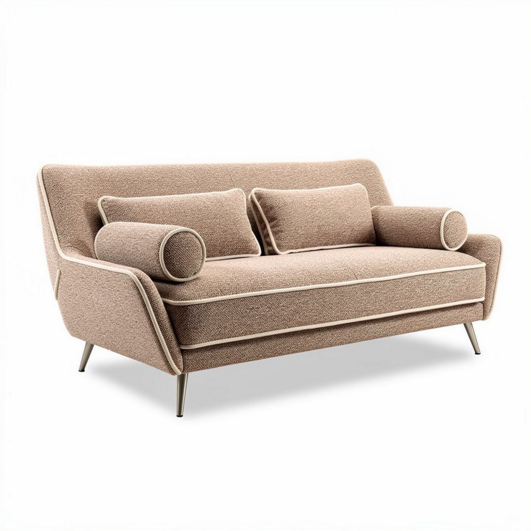 Sofa tapicerowana w kolorze beżowym z poduszkami o wymiarach 200 x 90 x 80cm