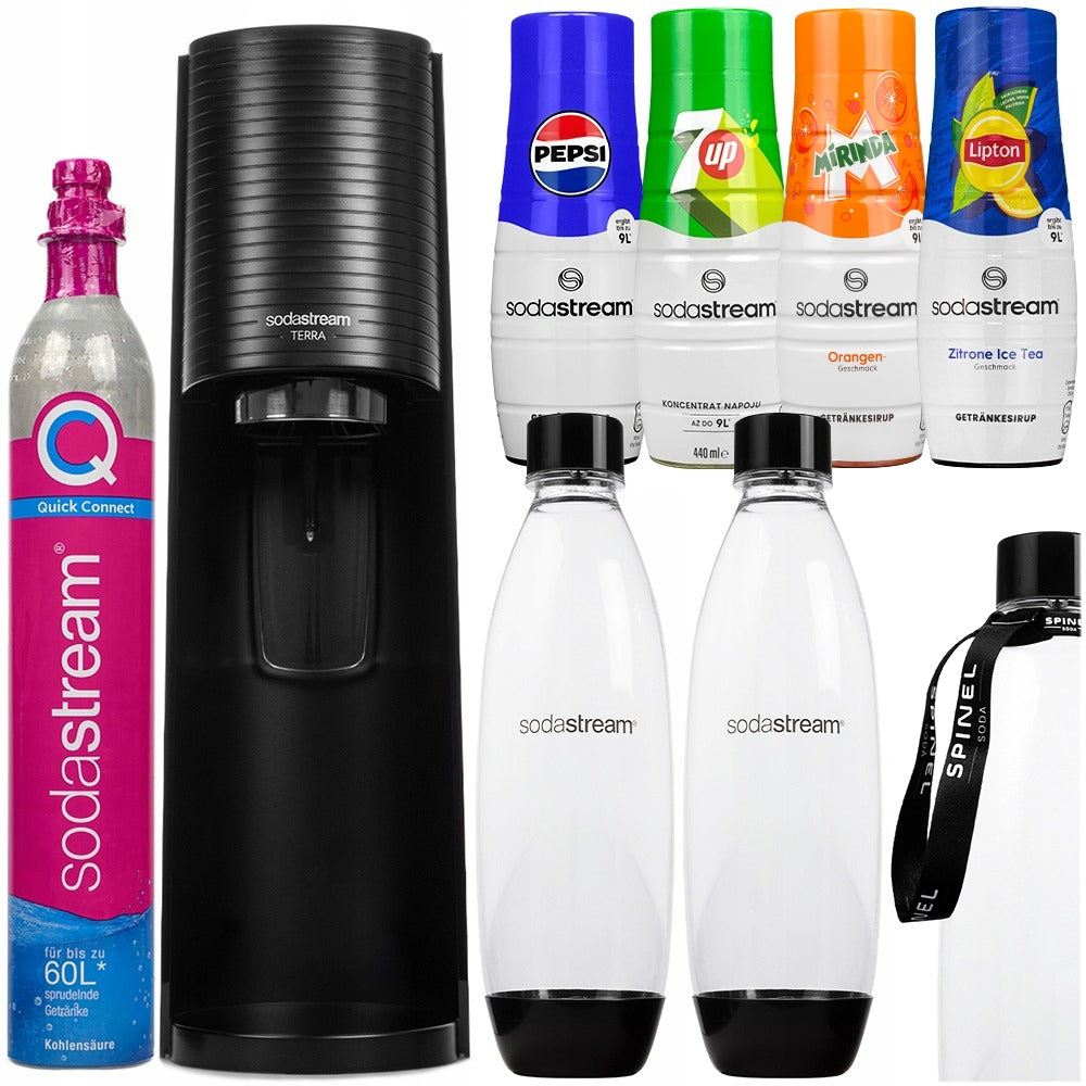 SATURATOR SODASTREAM TERRA 2 BUTELKI + 4x SYROPY PEPSI 7UP LIPTON